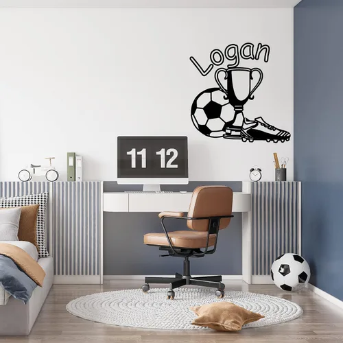 Vista 13 de Calcomanía personalizada con jugador de fútbol que pasa una pelota y una pelota enorme, decoración de fútbol de larga duración para la habitación