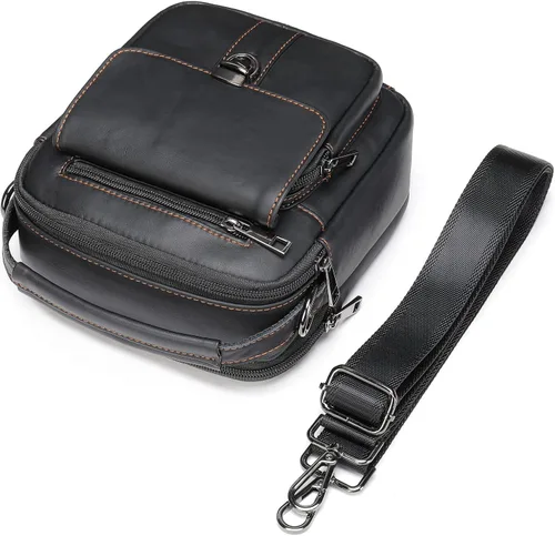 Vista 7 de Monederos y bolsos para hombre, pequeño, mini bolso de hombro de cuero genuino para hombres con muchos bolsillos con cremallera