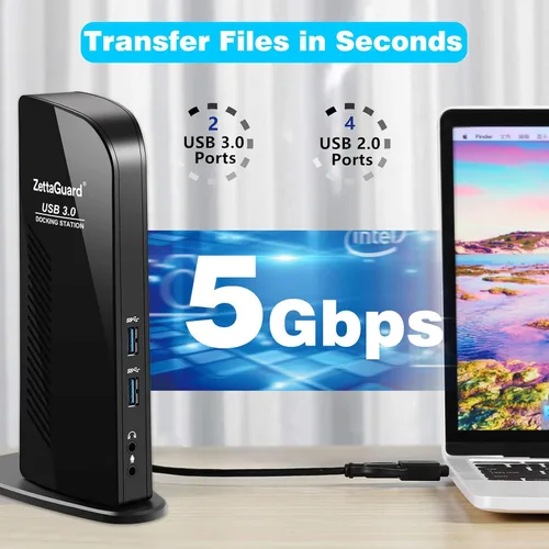 Vista 10 de Estación de acoplamiento universal USB 3.0 de doble pantalla 4K, pantalla de monitor de video dual con HDMI dual 4K x 2K a 60 Hz, Gigabit Ethernet