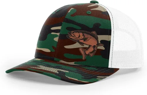 Vista 55 de Sombrero de pesca de trucha con parche de cuero grabado láser Richardson 112 Snapback Trucker Cap