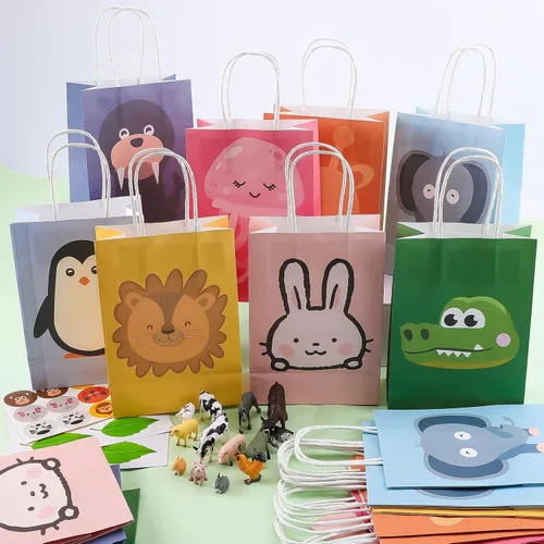 Vista 6 de Paquete de 24 bolsas de regalo para fiestas de animales, bolsas de regalo para niños para fiesta de cumpleaños, bolsas de regalo de papel coloridas