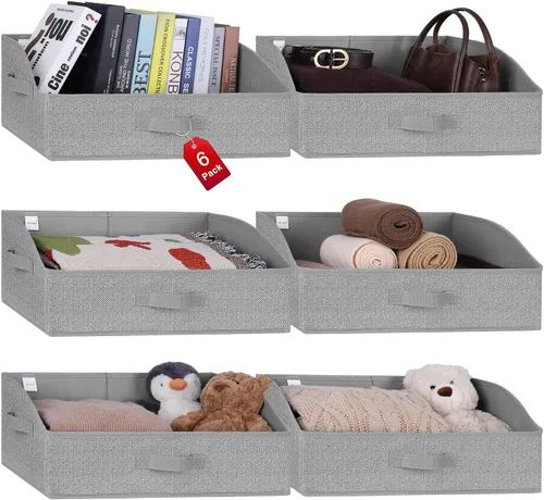 Vista 8 de WUIKE Cestas de almacenamiento para estantes, contenedores de almacenamiento de tela con asas, cesta plegable para estantes organizadores y Beige