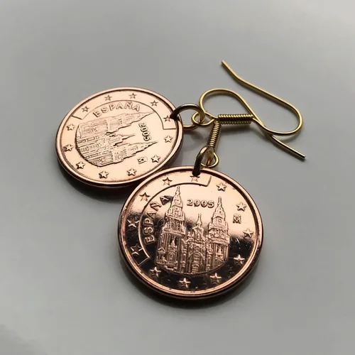 Vista 5 de Spain España 5 Euro Cent coin earrings Santiago de Compostela cathedral apostle Way of Saint James the Great church Iglesia Jesus Madrid Cadiz
