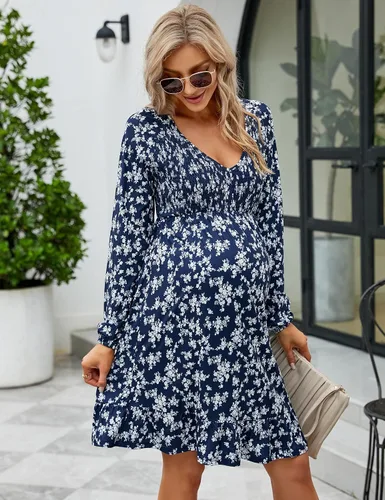 Vista 2 de Coolmee Vestido de maternidad de manga corta con volantes y cuello en V para mujer, vestido de verano casual fruncido fluido para baby shower