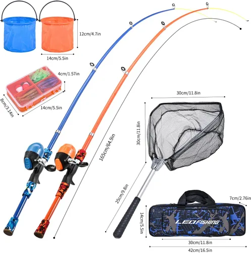 Vista 5 de LEOFISHING Juego de 2 Cañas de Pescar Portátiles para Niños Paquete de 2 Cañas de Pescar Telescópicas para Niños y Niñas Combos de Caña de Pescar
