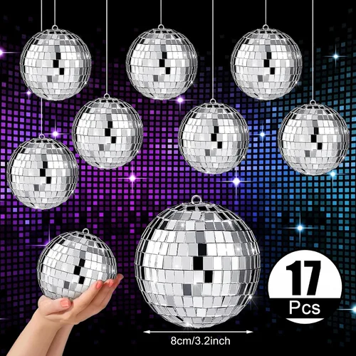 Vista 4 de 17 Piezas de Decoración de Bola de Discoteca: Bolas de Discoteca Colgantes de Espejo de Tamaño Variado Mini y Grande - Adornos de Navidad Plateados