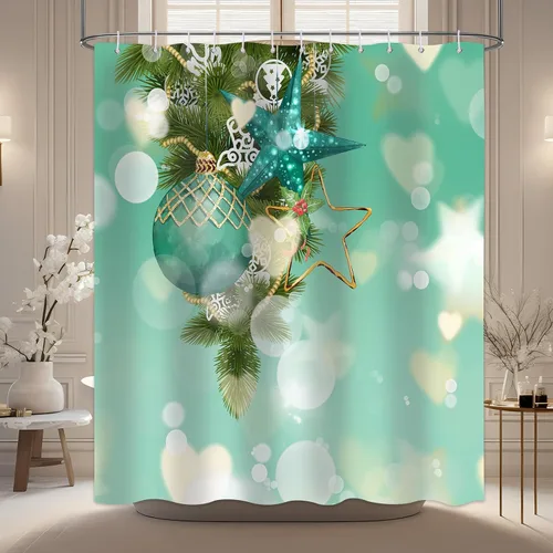 Vista 5 de Cortina de ducha de Feliz Navidad para baño, Nochebuena, Año Nuevo, arte bokeh verde, juego de cortina de ducha moderna de Navidad, cortina de ducha