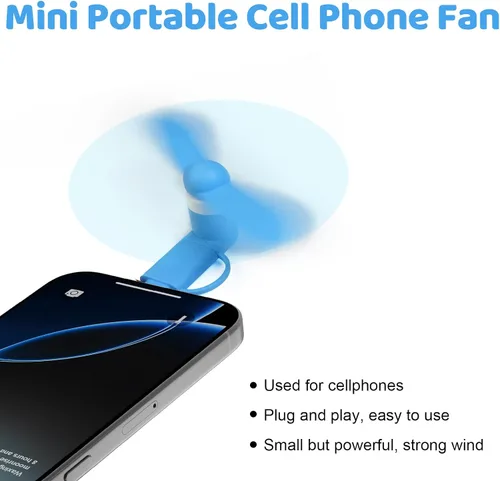 Vista 5 de Paquete de 6 mini ventiladores de teléfono celular 2 en 1 compatibles con iPhone, iPad, teléfono inteligente Android, tableta, colorido y potente