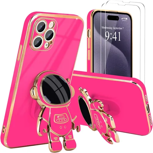 Vista 25 de Pepmune - Funda para iPhone 15 con soporte de astronauta 3D, color negro [2 Screen Protector], Luxury Electroplated Soft TPU Cover with Kickstand