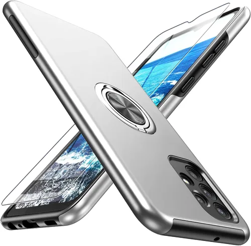 Vista 24 de Funda para Galaxy A13 5G con protector de pantalla (vidrio templado), funda híbrida 2 en 1 protectora delgada y resistente con anillo magnético Negro