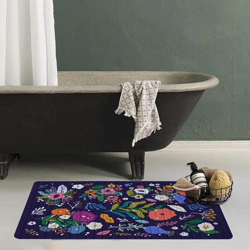 Vista 6 de Tapete de baño floral bohemio morado antideslizante con flores abstractas para ducha, tapete de baño botánico para bañera con ventosas y agujeros