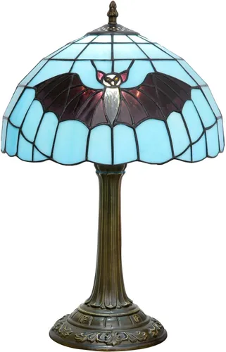 Vista 4 de Lámpara Tiffany de vidrio emplomado con murciélago azul océano, lámpara de mesa de 12" x 19", hecha a mano, decoración costera lista para LED