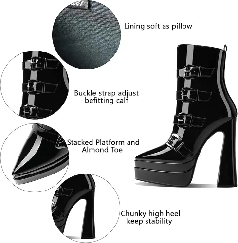 Vista 3 de Artrotter Botas de plataforma para mujer botas de tacón alto grueso y puntiagudo botas de combate con correas de hebilla cremallera lateral