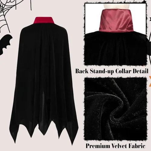Vista 6 de Capa de vampiro, capa de terciopelo negro con cuello para disfraz Negro y rojo