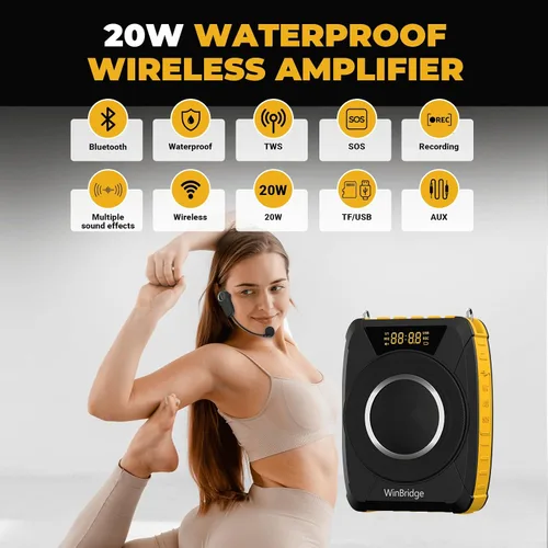 Vista 2 de Amplificador de voz con auriculares de micrófono inalámbrico – Altavoz portátil resistente al agua con micrófono con TWS estéreo, SOS, grabación