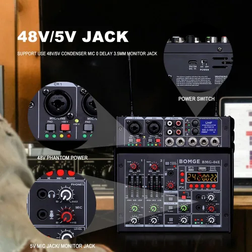 Vista 6 de BOMGE 04E mezclador de audio de karaoke, mezclador de 4 canales con micrófono inalámbrico UHF dual de 329 pies, consola de tablero de sonido