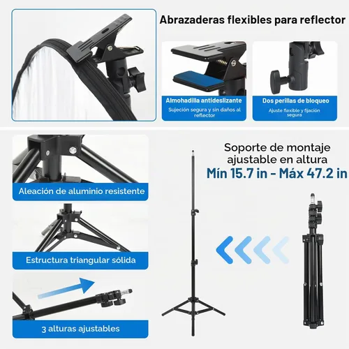 Vista 2 de UTEBIT Kit de Soporte para Reflector de Luz de 80 cm (31 Pulgadas) Difusor 5 en 1, Discos Múltiples Plegables con Bolsa, Soporte de Luz de 48