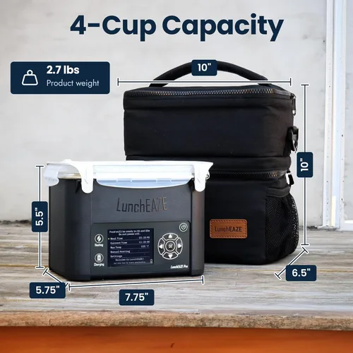 Vista 4 de LunchEAZE Pro Lonchera Calentable Sin Cable – Con Batería, Capacidad de 4 Tazas, Máx. 220°F, Calefacción Programada Automática, Incluye Bolsa