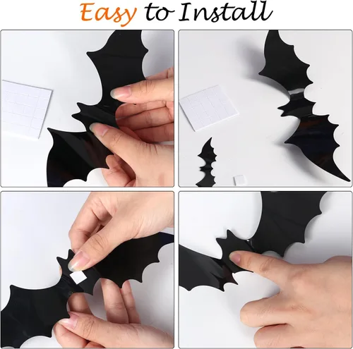 Vista 3 de Decoración de pared de murciélagos, 100 piezas 3D de murciélagos de Halloween, 6 tamaños diferentes de PVC negro adhesivo de murciélago