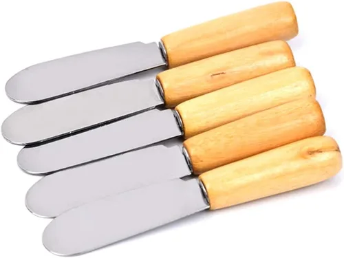 Vista 3 de ACKLLR Paquete de 5 esparcidores de mantequilla de acero inoxidable con borde recto y mango de madera, juego de esparcidores de condimentos de queso