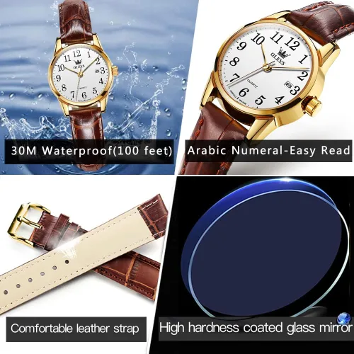 Vista 4 de OLEVS Relojes para mujer, de cuero marrón, fácil de leer, de cuarzo, analógicos, de cara pequeña, para mujer, impermeable, casual, simple