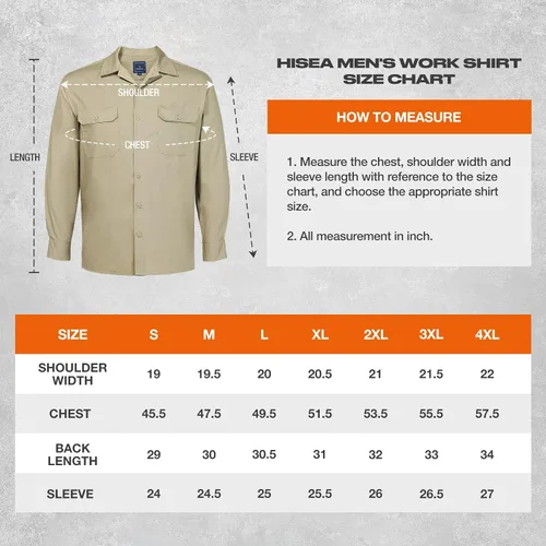 Vista 5 de HISEA Camisa de trabajo de manga larga para hombre, ajuste regular, camisas de mezclilla con acabado lavado