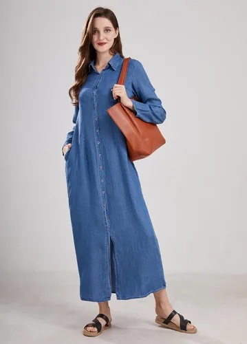 Vista 4 de utcoco Vestido largo casual de mezclilla con botones para mujer, con solapa, manga larga, con bolsillos