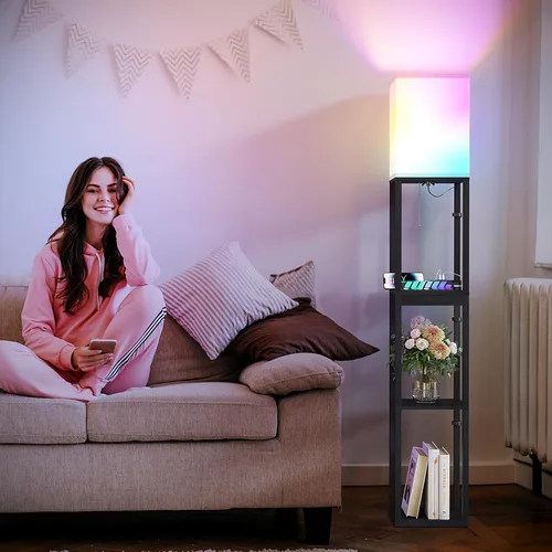 Vista 3 de SUNMORY - Lámpara de pie con estantes, lámpara de pie regulable con luz RGB y control por APP, lámpara de pie alta con estantes para sala de estar
