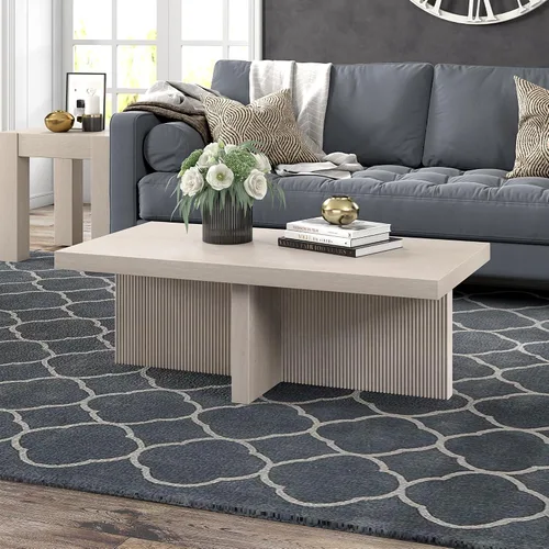 Vista 5 de Henn&Hart Mesa de centro rectangular de madera acanalada de 44 pulgadas con pedestal de bajo perfil con base de pedestal acanalada para sala