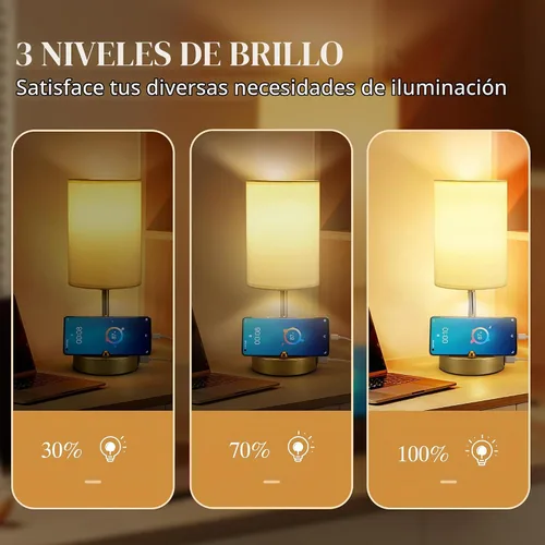 Vista 3 de Lámpara de mesa de control táctil Briever para dormitorio, lámpara de mesita de noche regulable de 3 vías con puertos de carga USB, lámpara