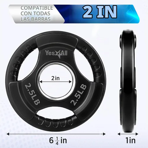 Vista 2 de Yes4All Rubber Coated Weight Plate, 5-70 Lb Cast Iron Weight for 2-Inch Barbell, 3-Handle Design for Easy Grip, Strength Training, Weightlifting &