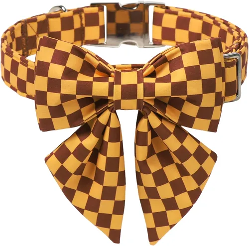 Vista 21 de Collar de perro a cuadros de búfalo amarillo otoñal con pajarita elegante Otoño-Lazo-Cuadros Amarillo