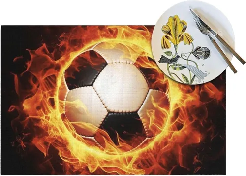 Vista 5 de 6 PCS PVC Placemats Set Place Mats Burning Football Non-Slip Weave Place Mats 12" x 18" Farmhouse Table Mat Set for Family Dinners Wedding Parties