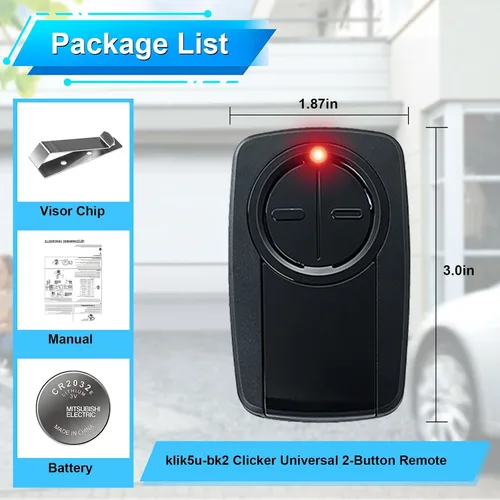 Vista 6 de Klik5u-bk2 klik3u-bk clicker Control remoto universal de 2 botones para abridor de puerta de garaje Chamberlain LiftMaster Craftsman, sin llave
