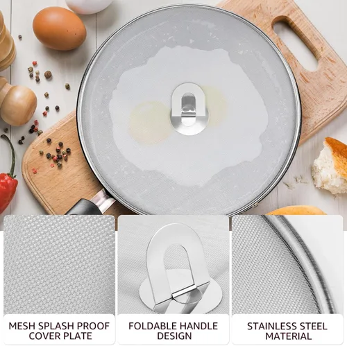 Vista 6 de 3 protectores contra salpicaduras, pantalla de acero inoxidable, a prueba de salpicaduras, cubierta de salpicaduras de aceite con mango plegable