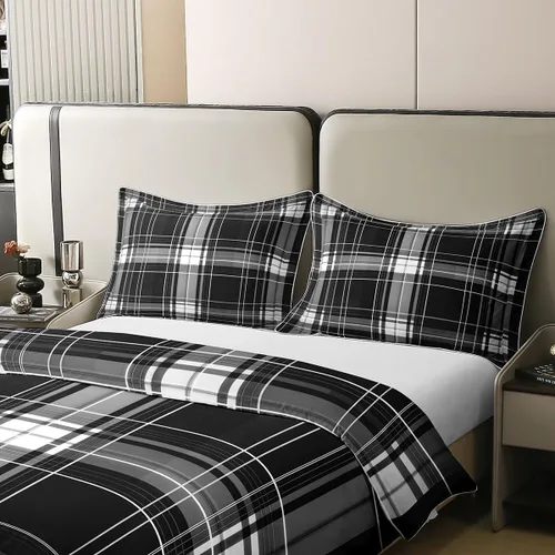 Vista 4 de Erosebridal Juego de ropa de cama de 100 % algodón a cuadros para niños y niñas, funda de edredón a cuadros, funda de edredón moderna geométrica