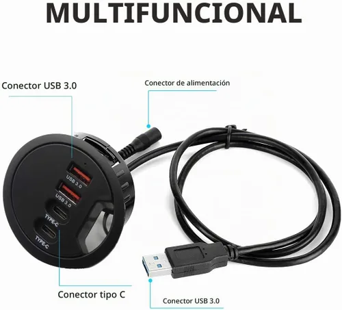 Vista 3 de Hub USB 3.0 con ojal para escritorio (diámetro de 2.36 pulgadas o 2.362 in) 2 puertos tipo A y 2 puertos tipo C, carga compatible y transmisión