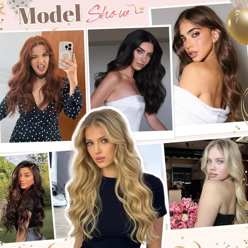 Vista 8 de Fliace Extensiones de cabello con clip para mujer, extensiones de cabello ondulado largo de color marrón medio, extensiones de cabello sintético