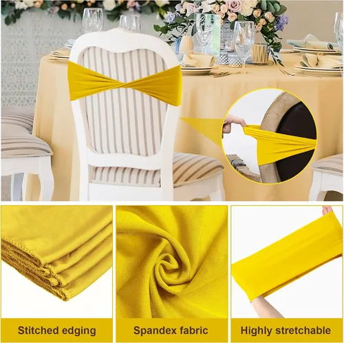 Vista 3 de Frienda 120 cintas elásticas de elastano para silla, bandas elásticas para fundas de silla, lazos sin hebilla para bodas, recepciones, eventos, Oro