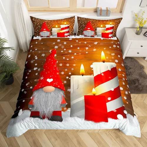 Vista 12 de Erosebridal Juego de ropa de cama de Navidad escandinavos gnomos de Papá Noel, funda de edredón de Papá Noel nevando para niños y niñas, funda