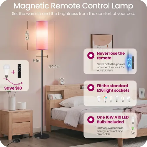 Vista 3 de Paquete de 2 lámparas de pie rosas regulables para sala de estar con 2 controles remotos e interruptor de pie, lámpara de pie de esquina, lámpara