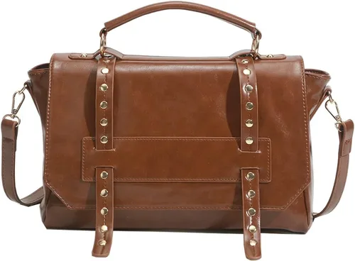 Vista 8 de Downupdown Bolso de mensajero vintage para mujer, bolso de cuero de cera de aceite, bolso de hombro con asa superior, bolso cruzado