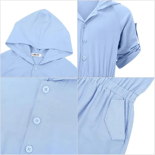 Vista 6 de LIONJIE Enterizo de verano para niñas con pantalones cortos sin mangas con volantes, cuello en V con capucha y bolsillos laterales para niños