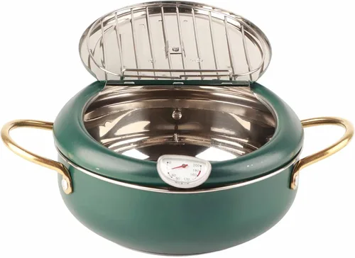 Vista 6 de Olla para freír, freidora verde profundo con termómetro, sartén de acero inoxidable para uso doméstico en la cocina.