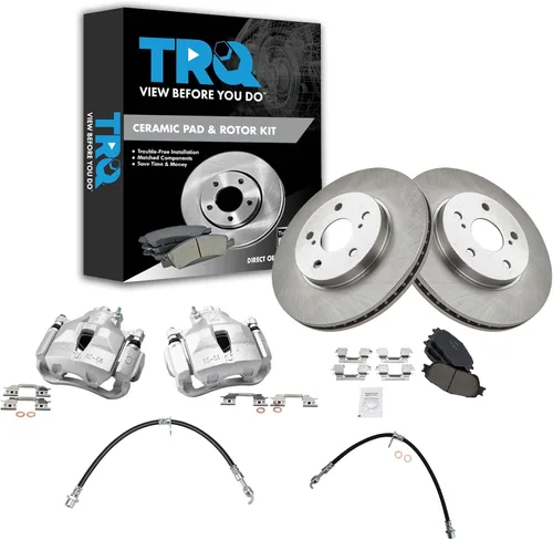 Vista 75 de TRQ Juego de pastillas de freno delanteras y rotores de cerámica, pinzas, mangueras, compatibles con Honda Odyssey 2005-2010