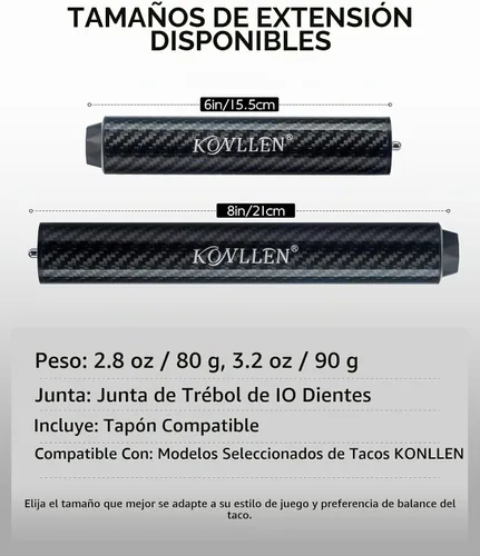 Vista 5 de KONLLEN Extensión original de 8" de fibra de carbono para taco de piscina