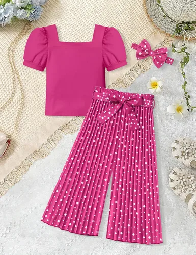Vista 44 de DONWEN Conjunto de 3 piezas de ropa para niñas pequeñas y niñas con cuello cuadrado + pantalones elegantes + diadema para primavera y verano