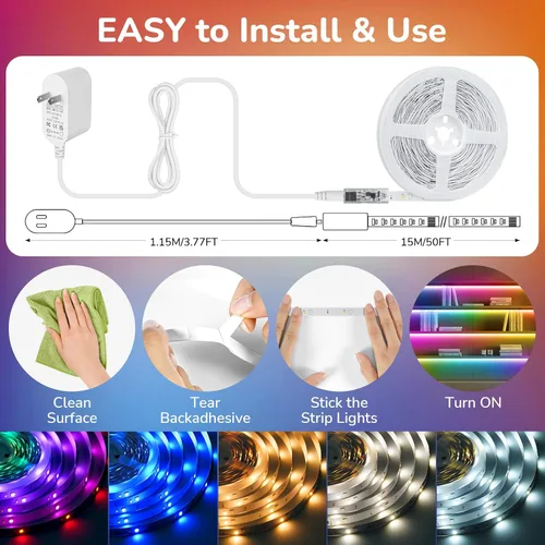 Vista 3 de Tira de luces LED RGBWW+IC de 50 pies, regulable, multicolor, 3000K-6500K luces LED con control remoto, cinta de luces RGB autoadhesivas que cambian