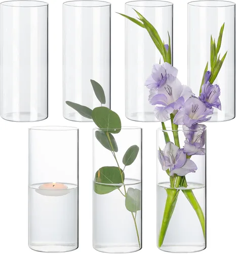 Vista 12 de SUPMIND - Jarrones cilíndricos de vidrio, 6 piezas para centros de mesa, jarrón corto de 5 pulgadas Glass Clear Flower Vases Bulk, Hurricane