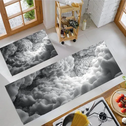 Vista 3 de Kitchen Mats for Floor 2 Piece Set 3D Abstract Cloud Sea Non Slip Kitchen Rugs Washable Retro Geometric Space Floor Mats Charcoal Gray Area Rug